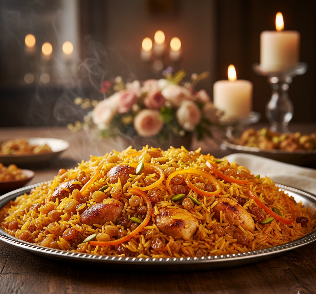 شیرینپلو با کشمش و خلال پوست پرتقال یکی از زیباترین و خوشعطرترین غذاهای ایرانی